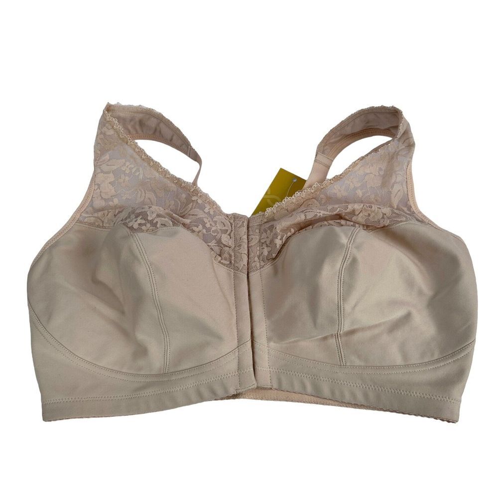 Delimira Front Closure Bra Womens‎ 40 E  Beige Lace Trim Wirefree Racerback NEW